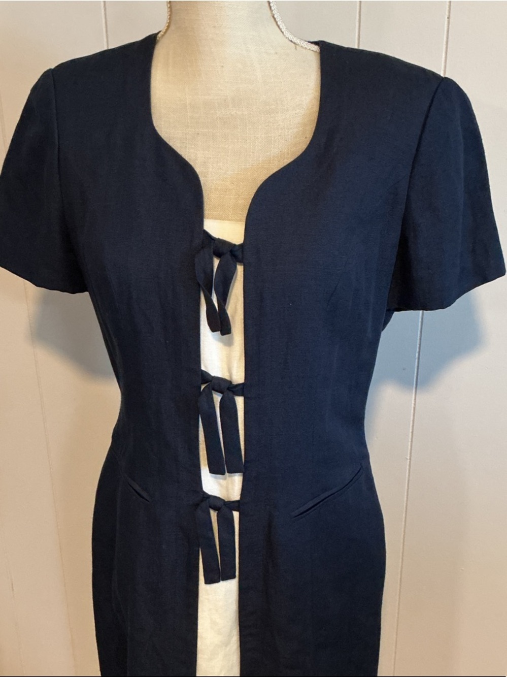 Evan Picone Navy and Cream Midi Dress with Front Tie Detail
